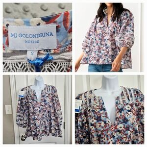 Mi Golondrina Blouse Chela Floral Marino S Boho Top NWT